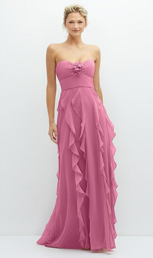 Front View - Orchid Pink Strapless Vertical Ruffle Chiffon Maxi Dress with Flower Detail
