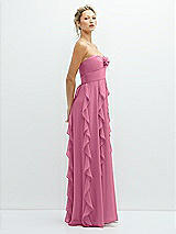 Side View Thumbnail - Orchid Pink Strapless Vertical Ruffle Chiffon Maxi Dress with Flower Detail