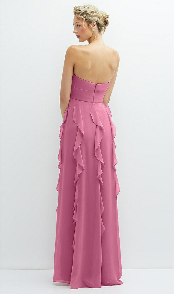 Back View - Orchid Pink Strapless Vertical Ruffle Chiffon Maxi Dress with Flower Detail