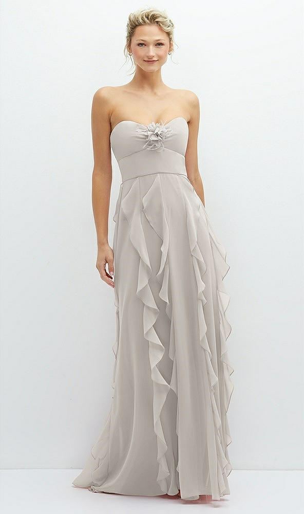 Front View - Oyster Strapless Vertical Ruffle Chiffon Maxi Dress with Flower Detail