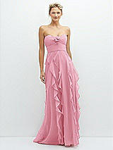 Front View Thumbnail - Peony Pink Strapless Vertical Ruffle Chiffon Maxi Dress with Flower Detail