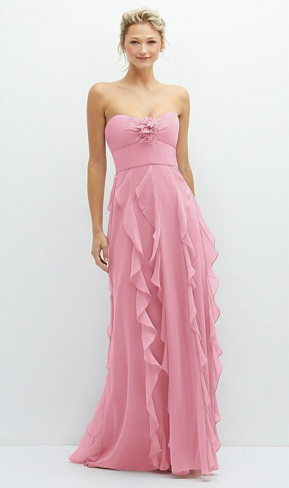Front View - Peony Pink Strapless Vertical Ruffle Chiffon Maxi Dress with Flower Detail