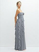 Side View Thumbnail - Platinum Strapless Vertical Ruffle Chiffon Maxi Dress with Flower Detail