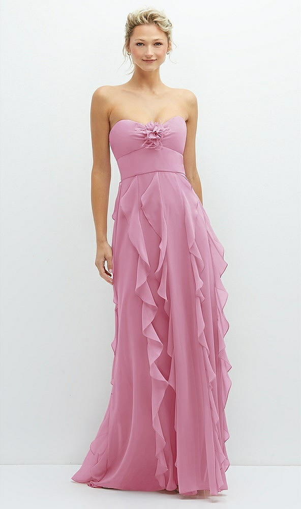 Front View - Powder Pink Strapless Vertical Ruffle Chiffon Maxi Dress with Flower Detail