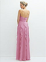 Rear View Thumbnail - Powder Pink Strapless Vertical Ruffle Chiffon Maxi Dress with Flower Detail