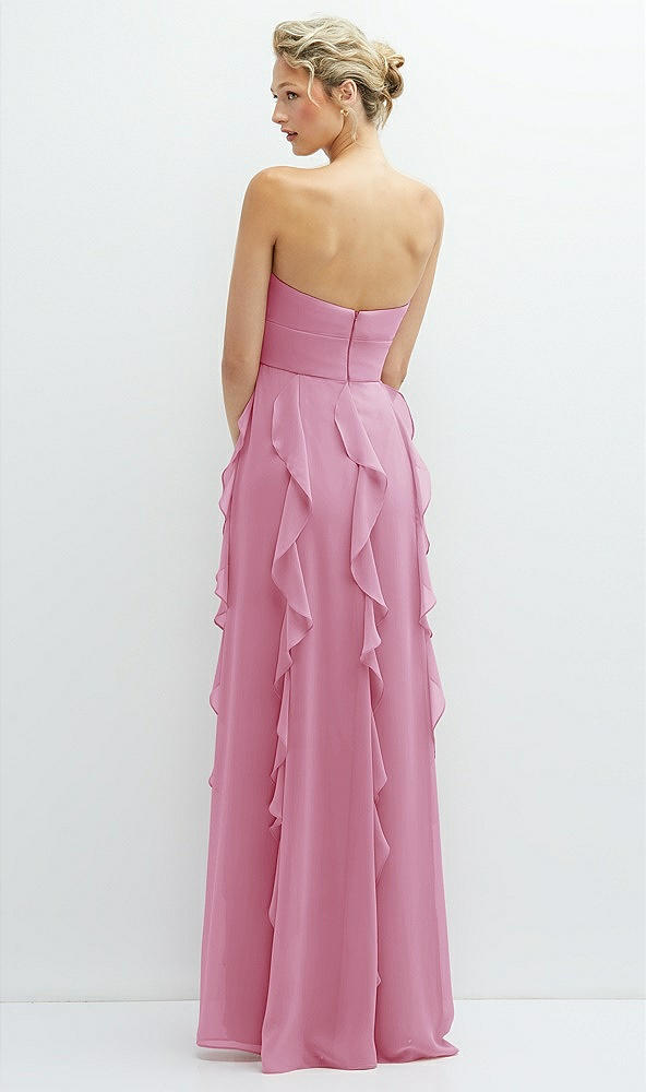 Back View - Powder Pink Strapless Vertical Ruffle Chiffon Maxi Dress with Flower Detail