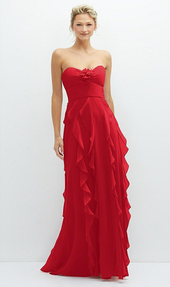 Front View - Parisian Red Strapless Vertical Ruffle Chiffon Maxi Dress with Flower Detail