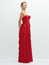 Side View Thumbnail - Parisian Red Strapless Vertical Ruffle Chiffon Maxi Dress with Flower Detail