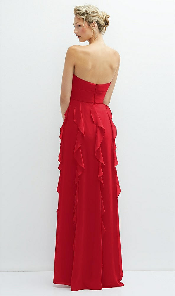Back View - Parisian Red Strapless Vertical Ruffle Chiffon Maxi Dress with Flower Detail