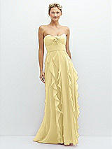 Front View Thumbnail - Pale Yellow Strapless Vertical Ruffle Chiffon Maxi Dress with Flower Detail