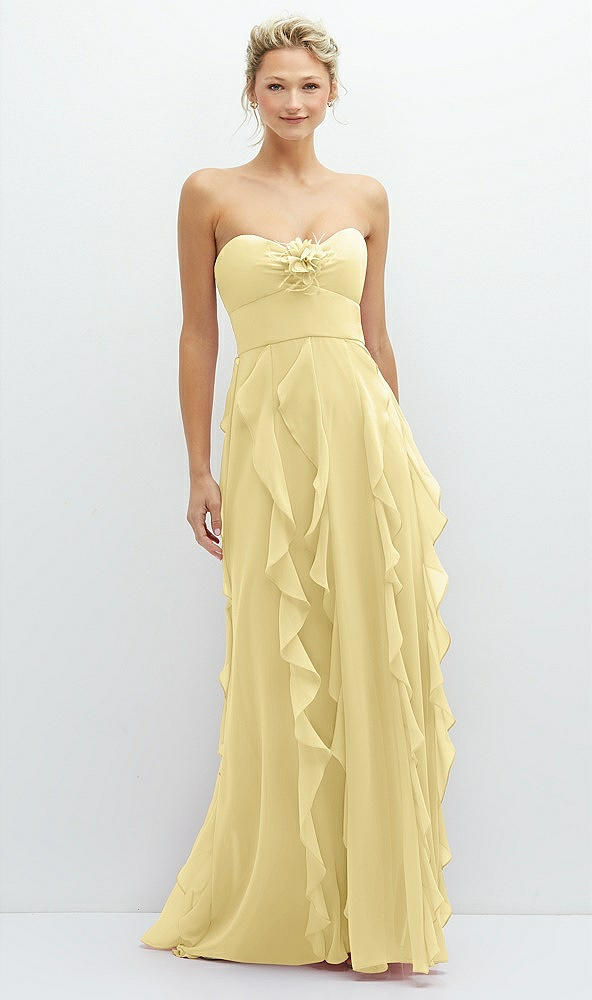 Front View - Pale Yellow Strapless Vertical Ruffle Chiffon Maxi Dress with Flower Detail