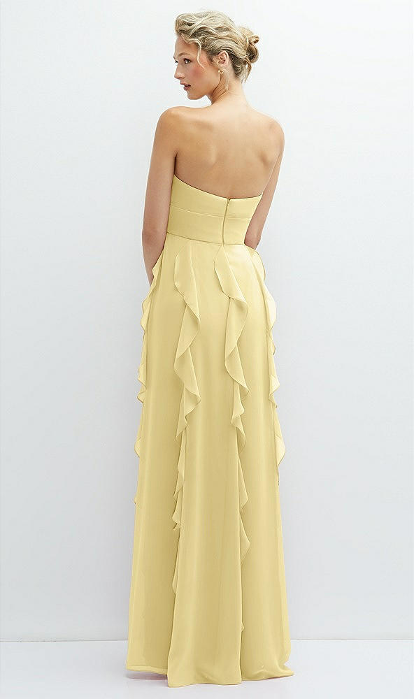 Back View - Pale Yellow Strapless Vertical Ruffle Chiffon Maxi Dress with Flower Detail