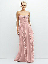 Front View Thumbnail - Rose - PANTONE Rose Quartz Strapless Vertical Ruffle Chiffon Maxi Dress with Flower Detail