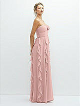 Side View Thumbnail - Rose - PANTONE Rose Quartz Strapless Vertical Ruffle Chiffon Maxi Dress with Flower Detail