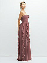 Side View Thumbnail - Rosewood Strapless Vertical Ruffle Chiffon Maxi Dress with Flower Detail
