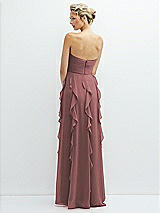 Rear View Thumbnail - Rosewood Strapless Vertical Ruffle Chiffon Maxi Dress with Flower Detail