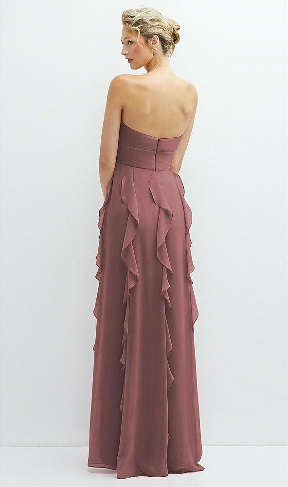 Back View - Rosewood Strapless Vertical Ruffle Chiffon Maxi Dress with Flower Detail