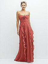 Front View Thumbnail - Coral Pink Strapless Vertical Ruffle Chiffon Maxi Dress with Flower Detail
