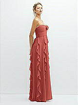 Side View Thumbnail - Coral Pink Strapless Vertical Ruffle Chiffon Maxi Dress with Flower Detail