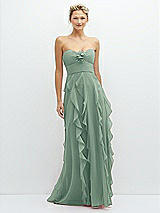 Front View Thumbnail - Seagrass Strapless Vertical Ruffle Chiffon Maxi Dress with Flower Detail