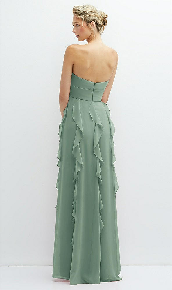 Back View - Seagrass Strapless Vertical Ruffle Chiffon Maxi Dress with Flower Detail