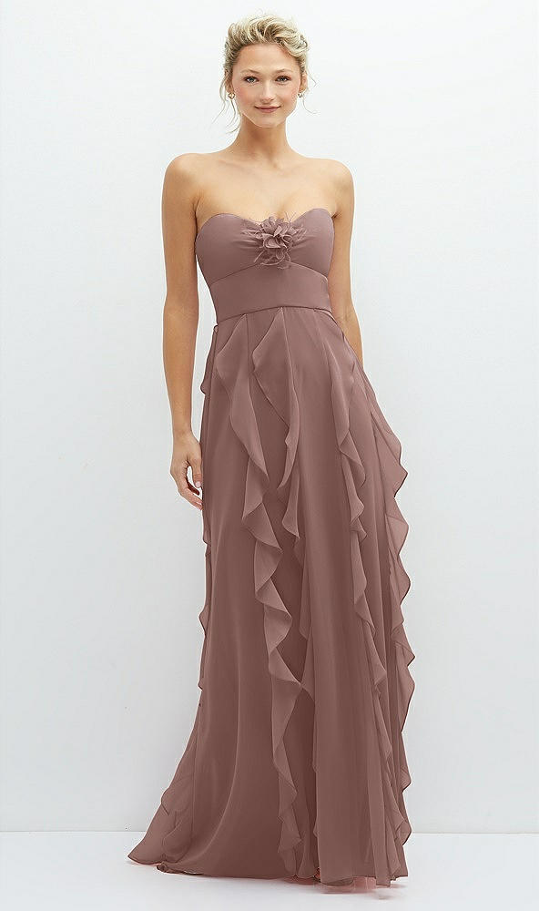 Front View - Sienna Strapless Vertical Ruffle Chiffon Maxi Dress with Flower Detail