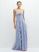 Front View Thumbnail - Sky Blue Strapless Vertical Ruffle Chiffon Maxi Dress with Flower Detail