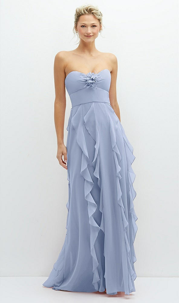 Front View - Sky Blue Strapless Vertical Ruffle Chiffon Maxi Dress with Flower Detail