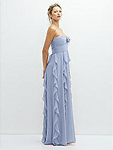 Side View Thumbnail - Sky Blue Strapless Vertical Ruffle Chiffon Maxi Dress with Flower Detail