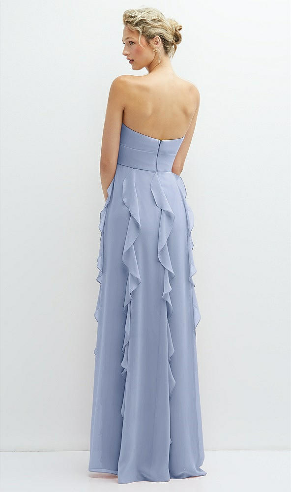 Back View - Sky Blue Strapless Vertical Ruffle Chiffon Maxi Dress with Flower Detail