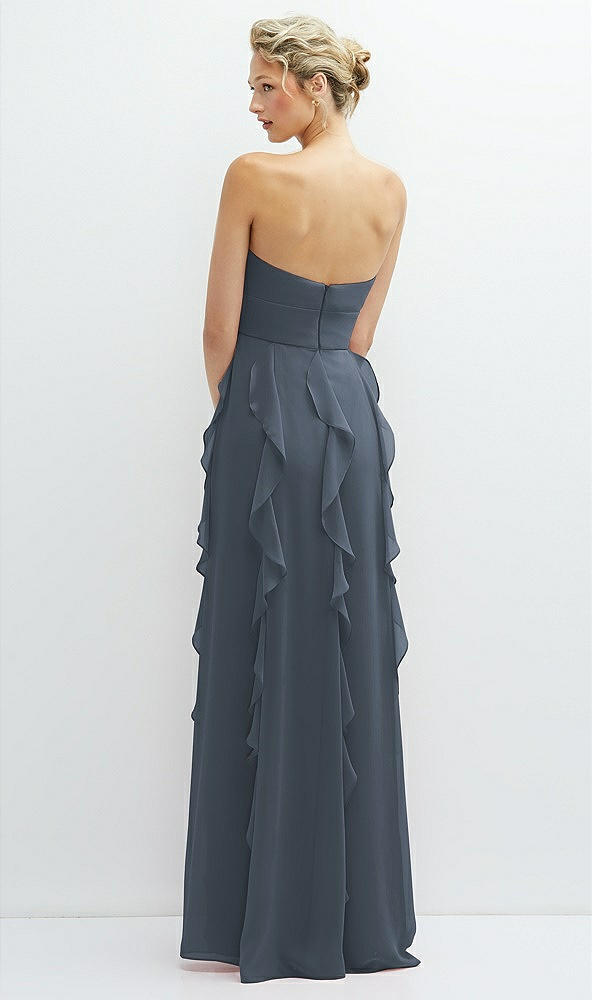Back View - Silverstone Strapless Vertical Ruffle Chiffon Maxi Dress with Flower Detail