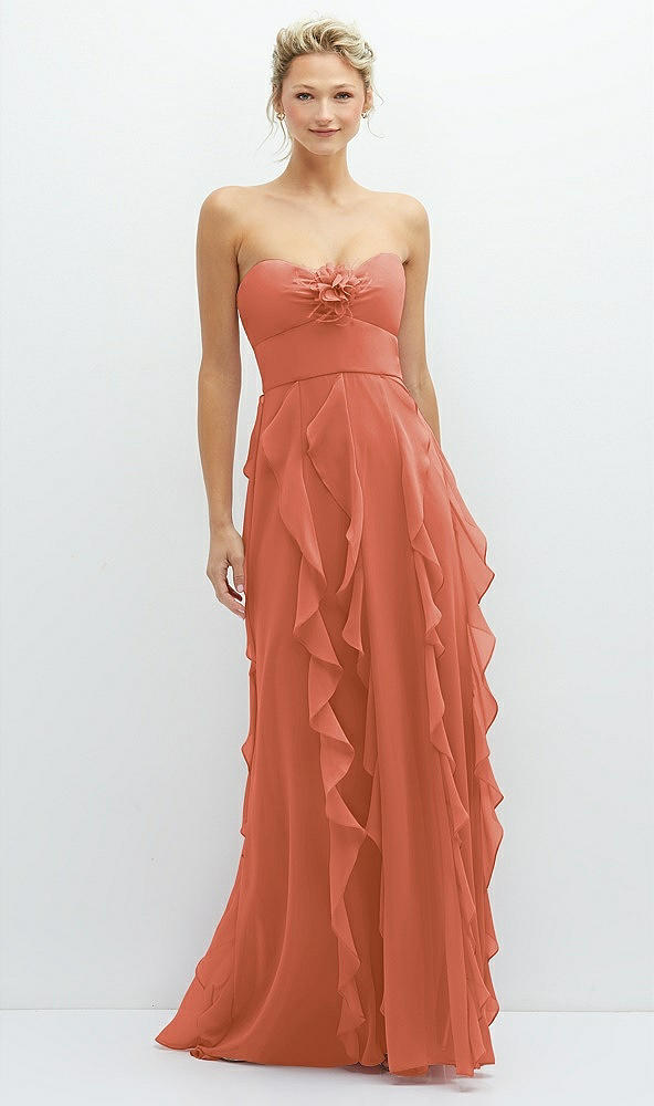 Front View - Terracotta Copper Strapless Vertical Ruffle Chiffon Maxi Dress with Flower Detail