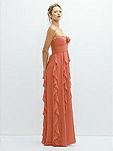 Side View Thumbnail - Terracotta Copper Strapless Vertical Ruffle Chiffon Maxi Dress with Flower Detail