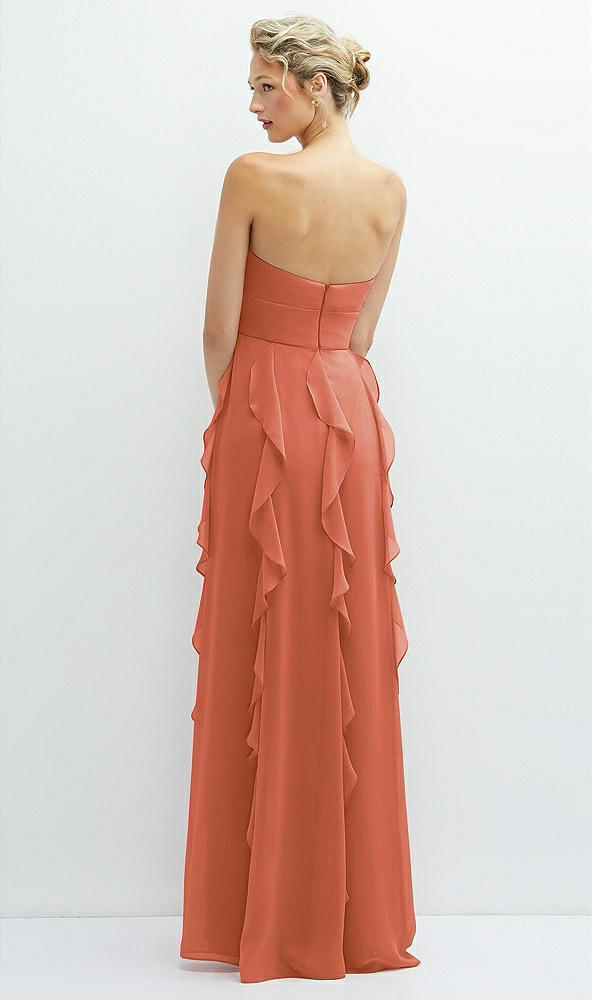 Back View - Terracotta Copper Strapless Vertical Ruffle Chiffon Maxi Dress with Flower Detail