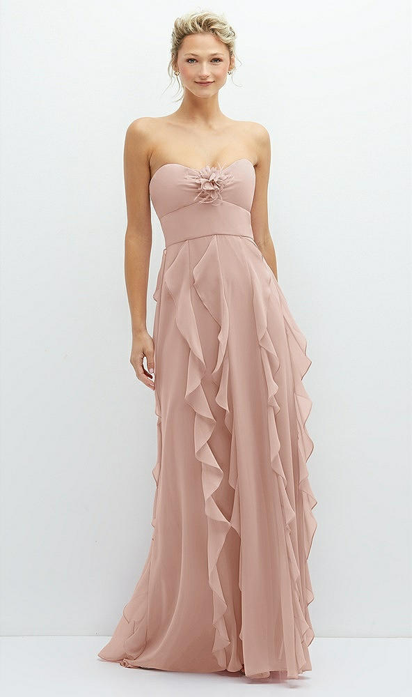 Front View - Toasted Sugar Strapless Vertical Ruffle Chiffon Maxi Dress with Flower Detail