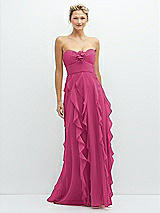 Front View Thumbnail - Tea Rose Strapless Vertical Ruffle Chiffon Maxi Dress with Flower Detail