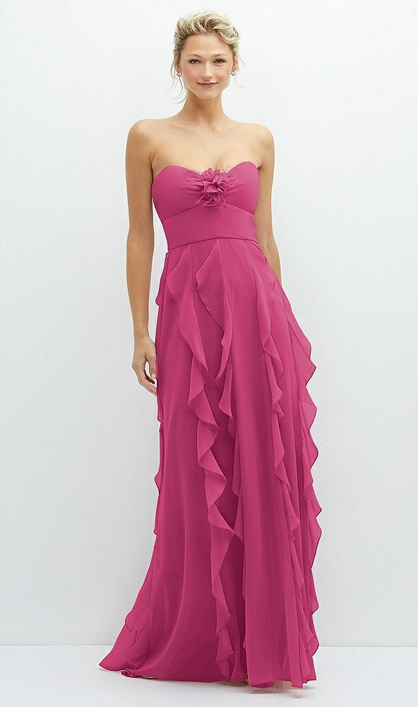 Front View - Tea Rose Strapless Vertical Ruffle Chiffon Maxi Dress with Flower Detail