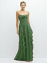 Front View Thumbnail - Vineyard Green Strapless Vertical Ruffle Chiffon Maxi Dress with Flower Detail