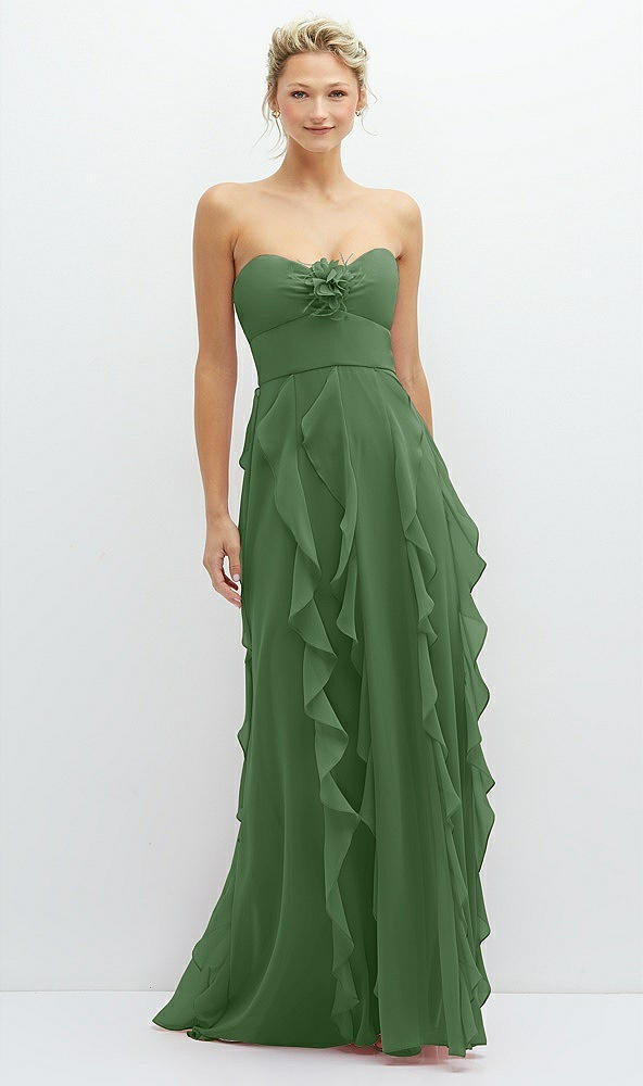 Front View - Vineyard Green Strapless Vertical Ruffle Chiffon Maxi Dress with Flower Detail
