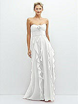 Front View Thumbnail - White Strapless Vertical Ruffle Chiffon Maxi Dress with Flower Detail