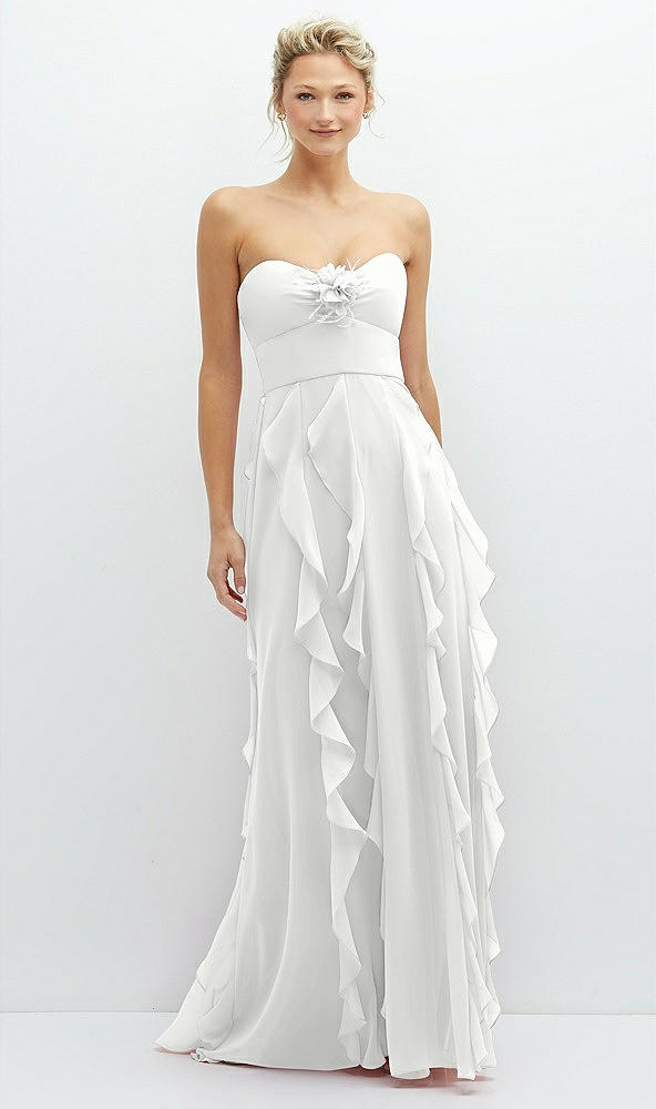 Front View - White Strapless Vertical Ruffle Chiffon Maxi Dress with Flower Detail
