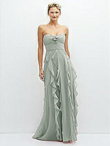 Front View Thumbnail - Willow Green Strapless Vertical Ruffle Chiffon Maxi Dress with Flower Detail