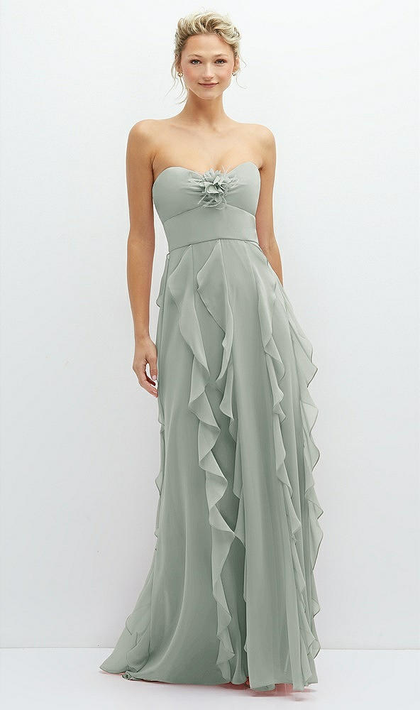 Front View - Willow Green Strapless Vertical Ruffle Chiffon Maxi Dress with Flower Detail