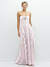 Front View Thumbnail - Watercolor Print Strapless Vertical Ruffle Chiffon Maxi Dress with Flower Detail