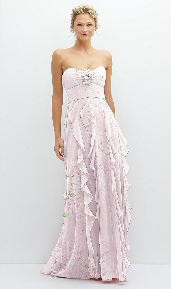 Front View - Watercolor Print Strapless Vertical Ruffle Chiffon Maxi Dress with Flower Detail