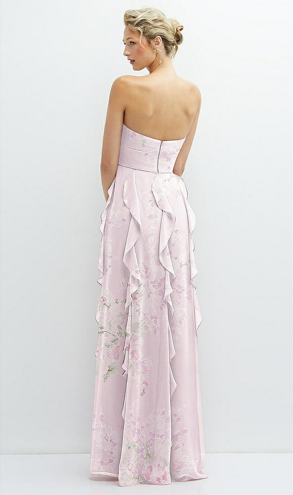 Back View - Watercolor Print Strapless Vertical Ruffle Chiffon Maxi Dress with Flower Detail