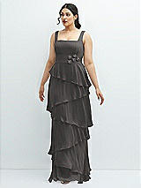 Front View Thumbnail - Caviar Gray Asymmetrical Tiered Ruffle Chiffon Maxi Dress with Handworked Flowers Detail