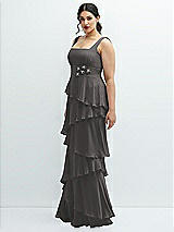 Side View Thumbnail - Caviar Gray Asymmetrical Tiered Ruffle Chiffon Maxi Dress with Handworked Flowers Detail