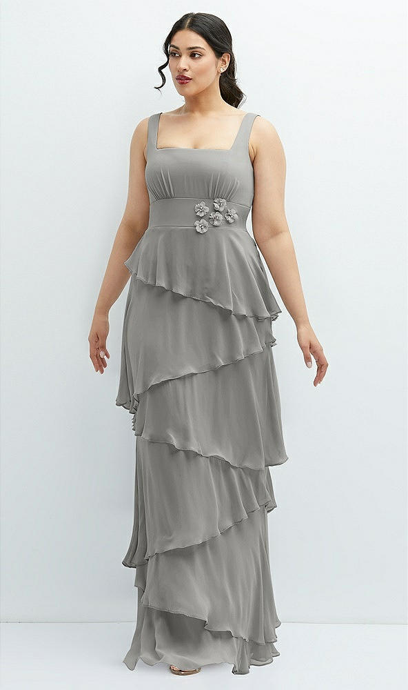 Front View - Chelsea Gray Asymmetrical Tiered Ruffle Chiffon Maxi Dress with Handworked Flowers Detail