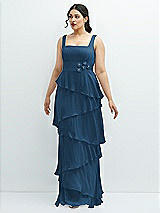 Front View Thumbnail - Dusk Blue Asymmetrical Tiered Ruffle Chiffon Maxi Dress with Handworked Flowers Detail